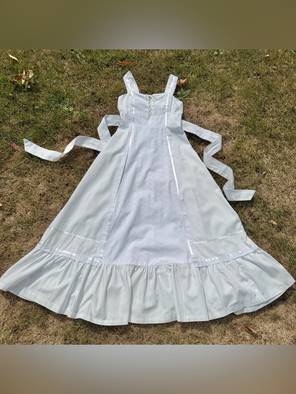 1970s CORSET SUNDRESS Vintage Prairie White Eyelet Maxi XS Homespun Bohemian